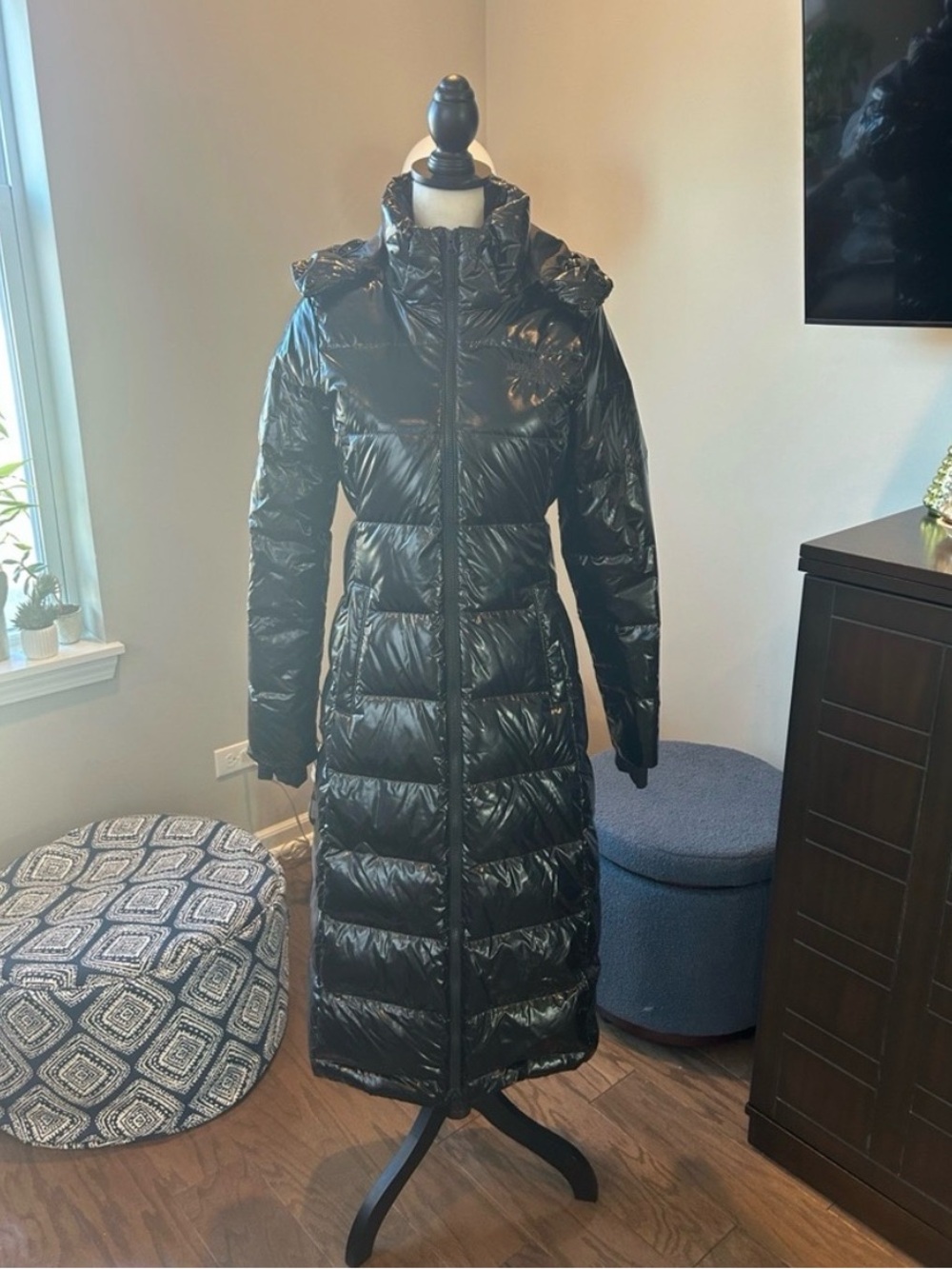 The North Face Women's Black Long Quilted Shiny Puffer Coat with Hood